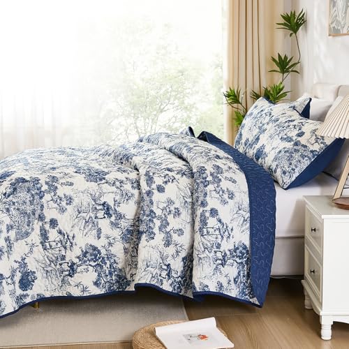 Botanical Floral Queen Quilt Set - 3-Piece Reversible Navy Blue Bedspread