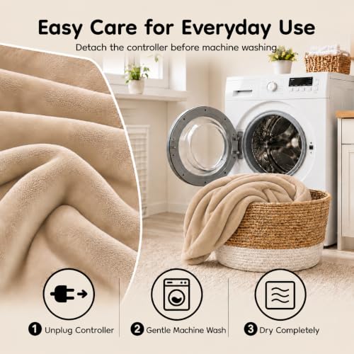 LaffyLo Twin Size Electric Heated Blanket 62x84 Light Brown Ultra Soft Flannel with 4 Heat Settings & Auto Shutoff