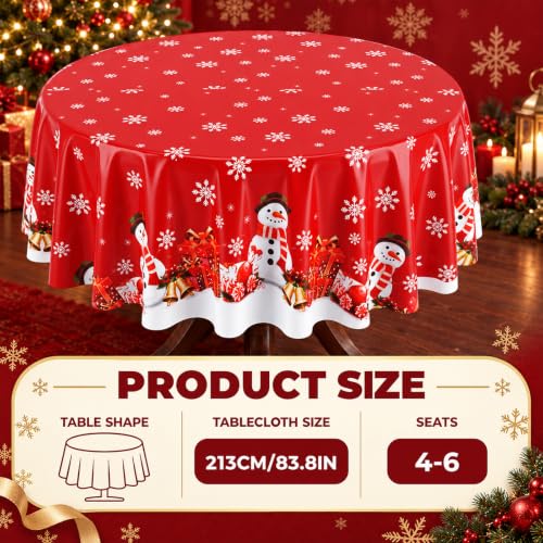 LemonRoad 6 Pcs 84" Red Christmas Round Tablecloths with Snowman - Disposable Holiday Party Linens