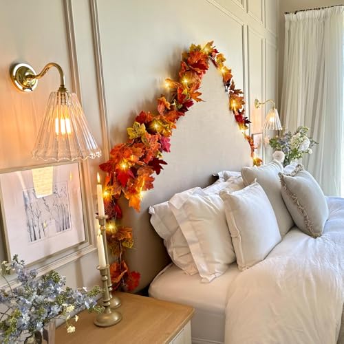 4-Pack Fall Leaf Garland with LED String Lights - Artificial Maple Leaves