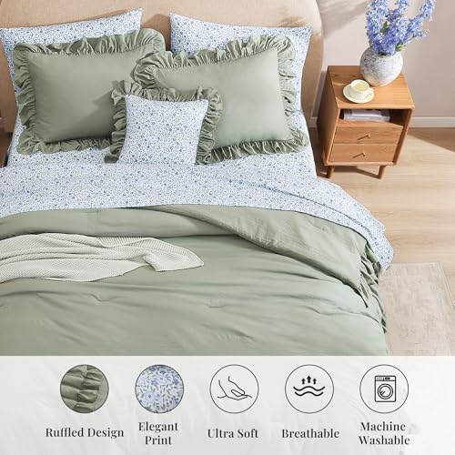 Sage Green Ruffle Queen Comforter Set - 7-Piece Floral Bed in a Bag