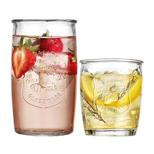 Glaver's 8-Piece Vintage Ice Cold Glass Set 20oz & 13oz Highball & Whiskey Glasses