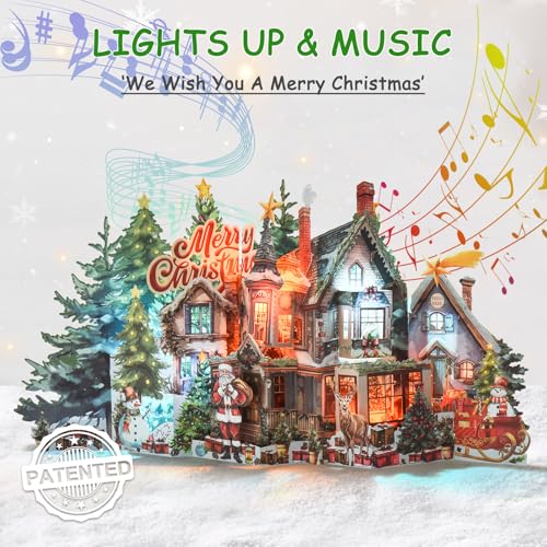 TIKLANA Pop Up Christmas House Card with Lights & Music - 3D Holiday Greeting Card