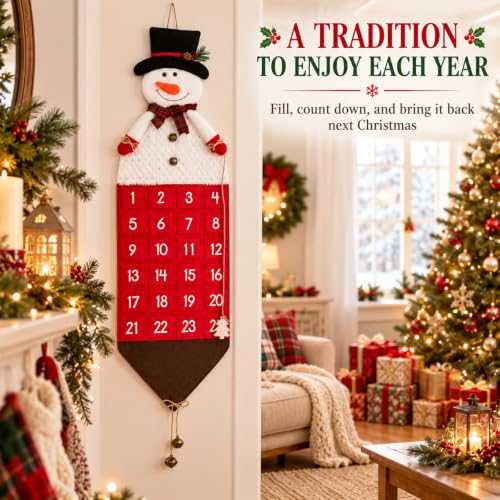 Heyaner 24-Days Christmas Advent Calendar Snowman Wall Hanging Countdown with Pockets