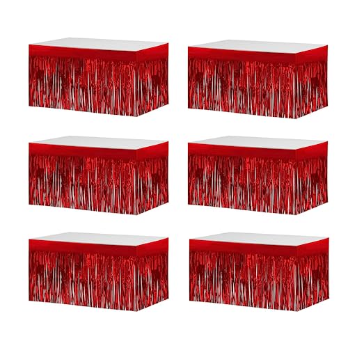 BEAIMUXI 6 Pack Red Metallic Foil Fringe Table Skirts 9 Feet x 29.5 Inch - Party Decor