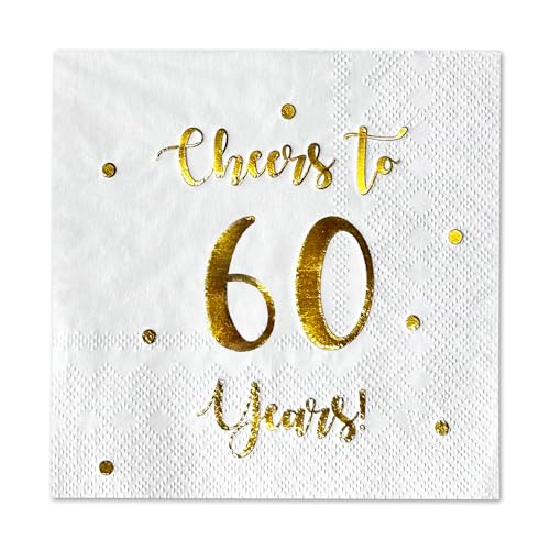 White Cheers to 60 Years Cocktail Napkins | 50-Pack, 3-Ply, 5x5 Inch | Happy Palace