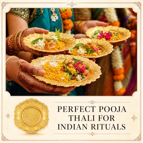 12 Pack 3.9 Inch Gold Metal Pooja Thali Plates Embossed Decorative Trays