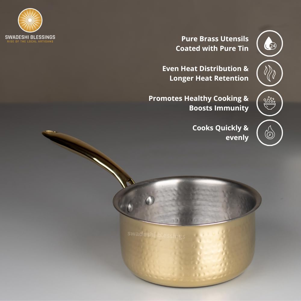 Swadeshi Blessings Exclusive Range Brass Sauce Pan for Cooking without Lid/Teflon-Free/Naturally Non-Stick Brass Utensils with Tin Coating (1.5 Liters)
