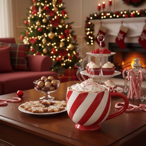 Willinglong Christmas Ceramic Mug, 13.5 oz Candy Cane Striped Christmas Mug (Variation: Christmas mug)