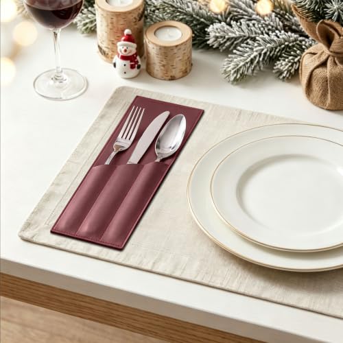 Wine Red Leather Cutlery Sleeve Set - 2 Pcs Utensil Holders for Dining