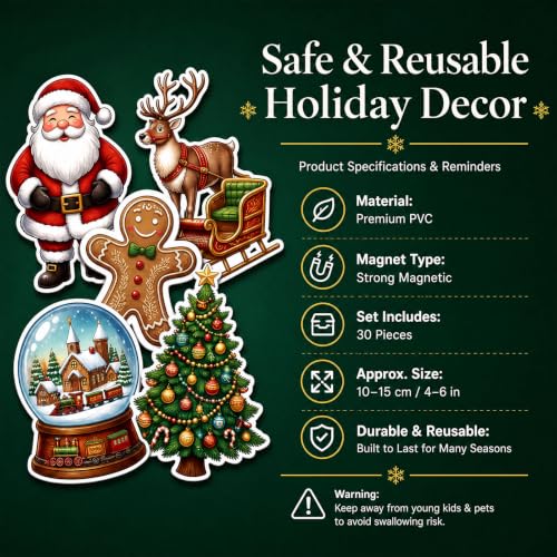 30 Pack Christmas Refrigerator Magnets - Santa Snowman Gingerbread Holiday Decor
