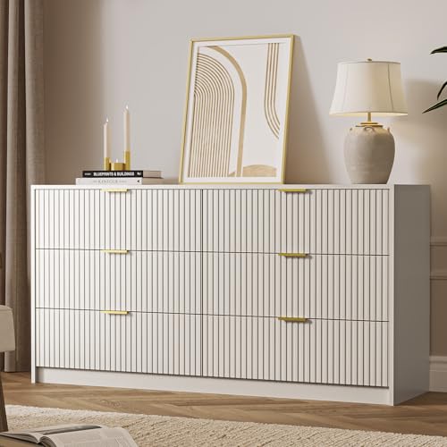 6-Drawer Fluted Wood Dresser, 55-inch Wide Modern Storage Chest in Beige