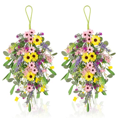 23.6-Inch Artificial Spring Teardrop Swags with Sunflowers, 2-Pack
