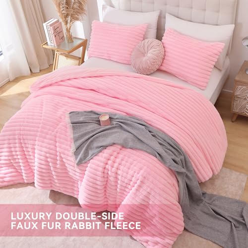Pink Faux Fur Queen Comforter Set - 3-Piece Plush Fleece Bedding Set