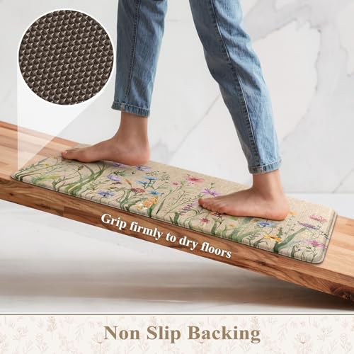 Anti-Fatigue Kitchen Mat Set, Cushioned Floral Floor Rugs 2-Piece