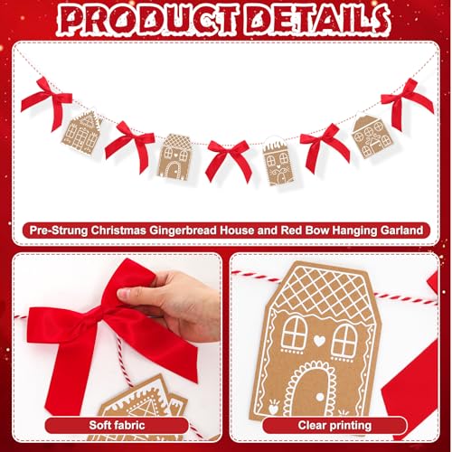 XunYee 5.9ft Christmas Gingerbread House Garland with Red Bows, Reusable Holiday Decor