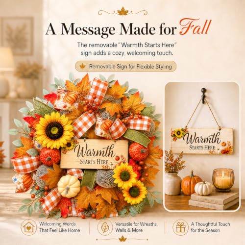22-Inch Lighted Fall Wreath with Pumpkin, Sunflowers and Removable Sign