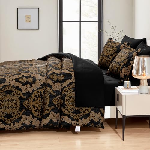 Black Gold Damask Comforter Set Queen Size - 7 Piece Bed in a Bag