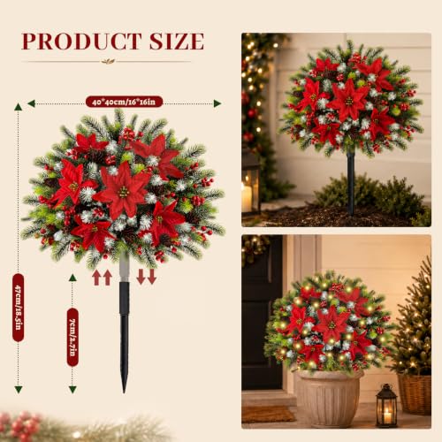 2 Pieces Christmas Urn Filler with Pre-Lit Artificial Poinsettia & Lights