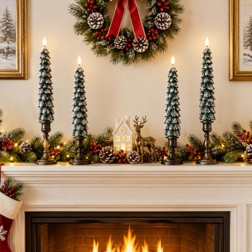 Green Christmas Flameless Tree Candles with Snowflakes - Remote, 4 Pack