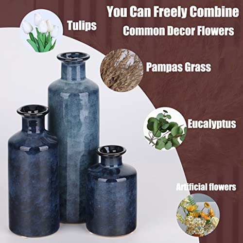 Blue Ceramic Vase Set of 3 - Modern Farmhouse Rustic Decorative Table Centerpiece