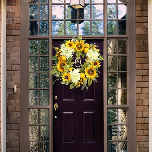 22-Inch Sunflower and Hydrangea Wreath with Lemons for Front Door
