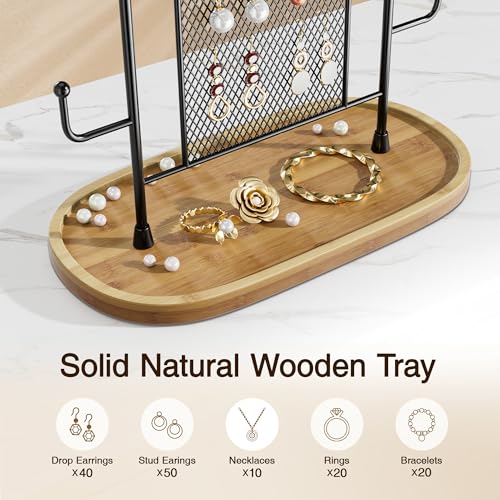 Jewelry Organizer Stand with Earring Holder, 6 Hooks, and Wood Tray