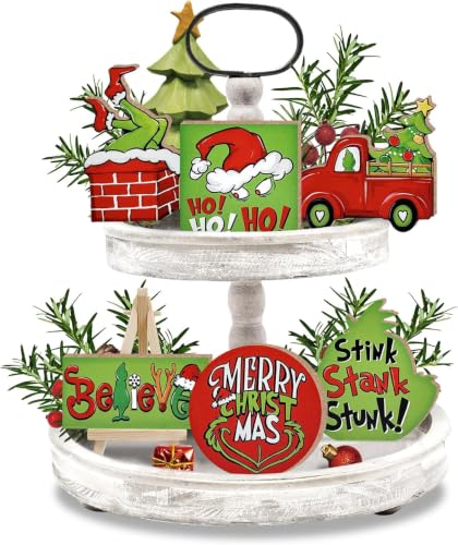 7 Pcs Merry Christmas Tiered Tray Decor, Red Green Xmas Truck Stink