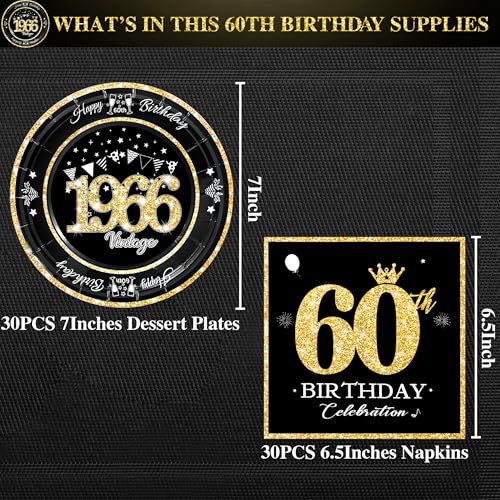 60th Birthday Party Plates and Napkins Set - Vintage Black and Gold, 60 Pc
