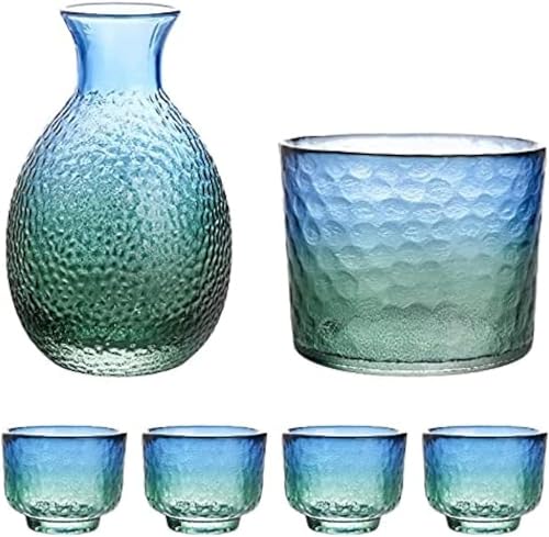 Japanese Sake Set for 4 - Handcrafted Blue Green Gradient Glass Carafe & Cups