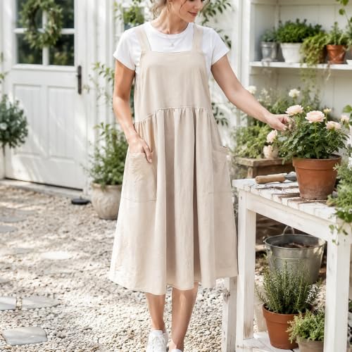 Cotton Linen Cross Back Apron with Pockets for Kitchen and Gardening