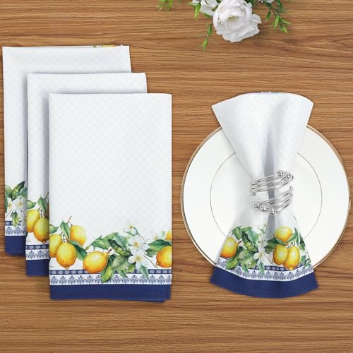 Lemon Print Cotton Cloth Napkins, 18x18 Inch, Set of 6 for Dining Table