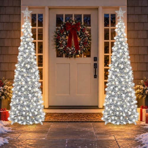 Silver White 5FT Pop-up Christmas Tree with Snowflake Decor & Timer Lights