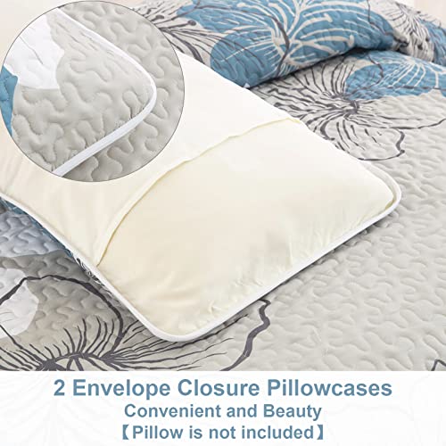 California King Floral Quilt Set - 3-Piece Blue Boho Bedspread