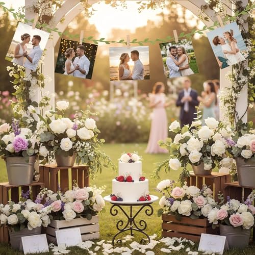 50 Mini Wooden Clothespins with 33ft Leaf Ribbon for Photo Hanging Display