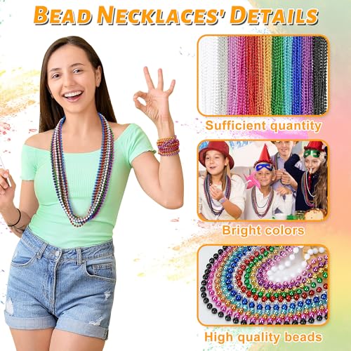 240-Piece 33-Inch Metallic Bead Necklace Bulk Set for Party Decorations