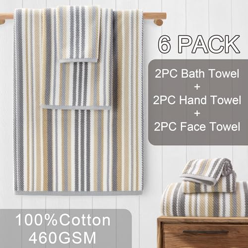 6-Piece Striped Cotton Towel Set with Hanging Loops, Gray and Beige