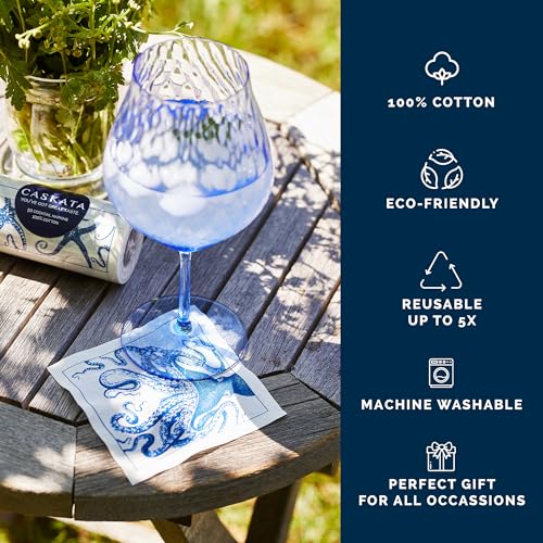 Caskata Coastal Cocktail Napkin Roll of 50, 4.5 x 4.5 Inches, Reusable Cotton, Blue & White, Set of 50