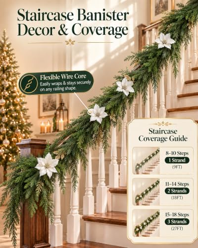 9FT Norfolk Pine Garland - Real Touch Greenery with White Flowers & Gold Leaves