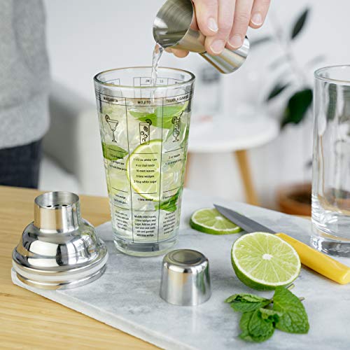 TRUE Clear Glass Cocktail Shaker Set with Recipes & Measurements - 13.5 oz, Includes Jigger & Strainer, Set of 1