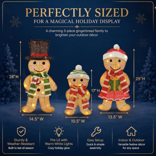Lighted 3-Piece Gingerbread Family Yard Decor - 28in 45 LED Seasonal Outdoor Decorations