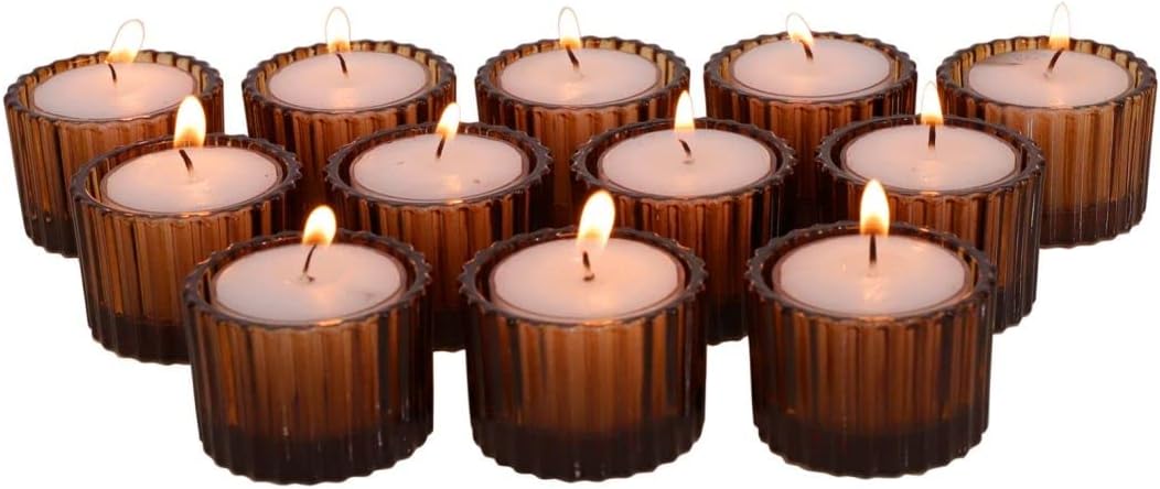 VOHO Amber Tealight Candle Holders - Set of 12 Glass Votive Holders for Home Decor | 2'' x 1.4''