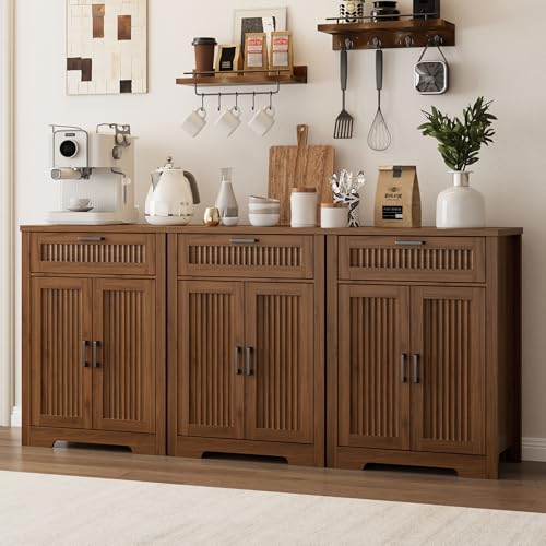 Fluted Farmhouse Sideboard Cabinet with Drawer and Adjustable Shelf, Walnut
