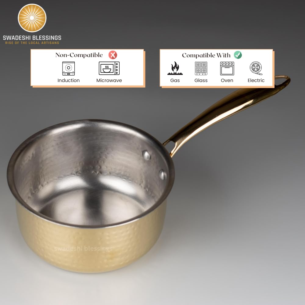 Swadeshi Blessings Exclusive Range Brass Sauce Pan for Cooking without Lid/Teflon-Free/Naturally Non-Stick Brass Utensils with Tin Coating (1.5 Liters)