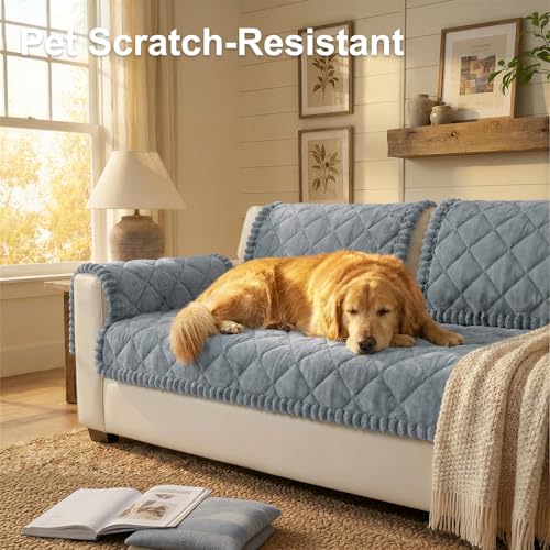 Non-Slip Pet Couch Cover - Washable Plush Sofa Protector (Grey, 27.6" x 59")