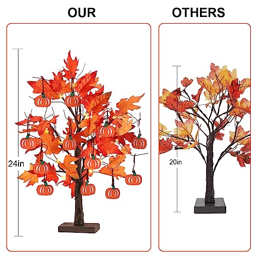 Lighted Maple Leaves Tree with Pumpkin Ornaments - 24" Fall Decor