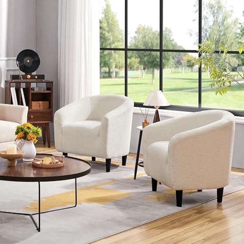 Set of 2 Ivory Sherpa Barrel Accent Chairs for Small Spaces
