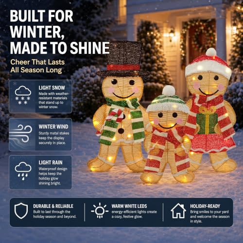 Lighted 3-Piece Gingerbread Family Yard Decor - 28in 45 LED Seasonal Outdoor Decorations