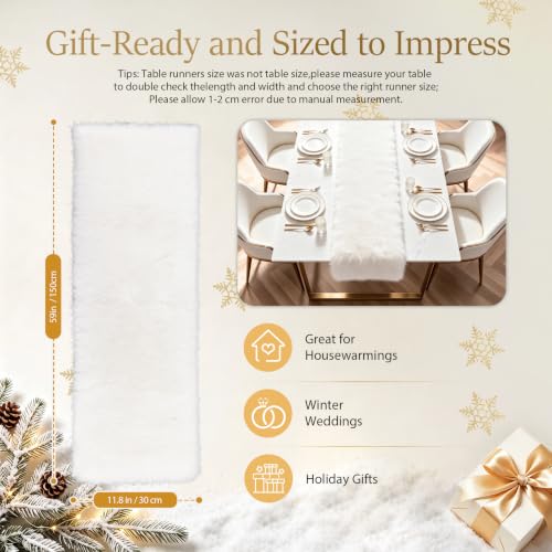 MAOFENG Faux Fur Table Runner 59.1in White Luxury Christmas Home Decor