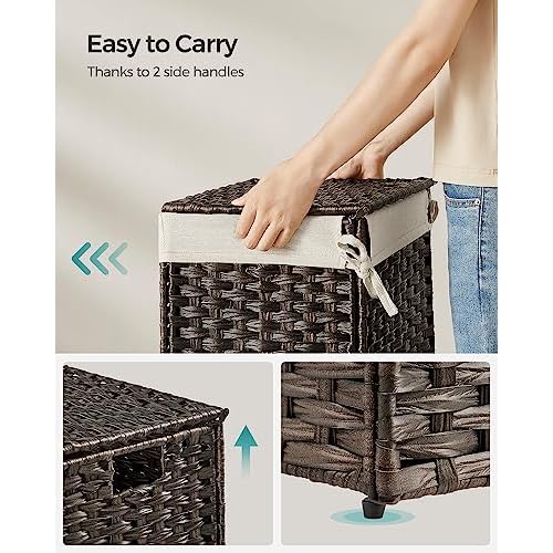 SONGMICS Storage Basket with Lid, 9.2 Gallon (35L) Storage Bin, Woven Blanket Storage Basket with Handles, Foldable, Removable Liner, Metal Frame, for Bedroom, Laundry Room, Brown URST040K01